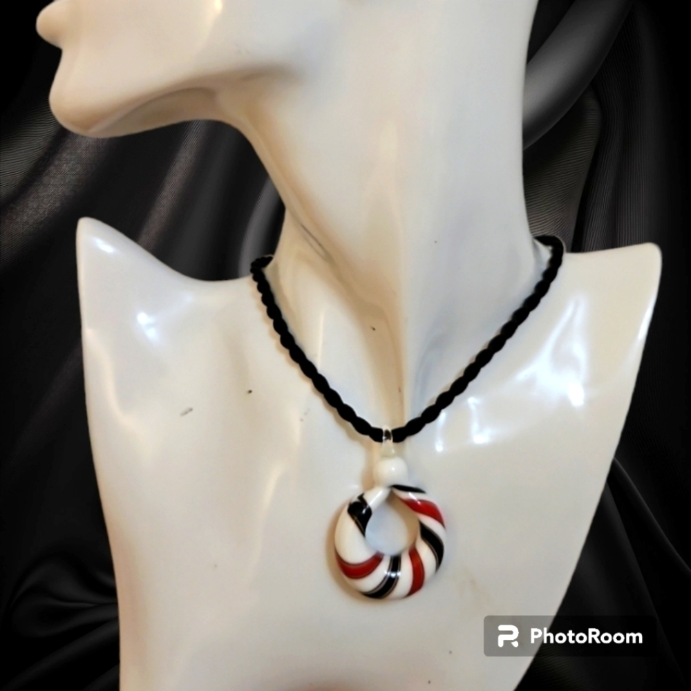 Handblown Striped Glass Round Pendant Rope Necklace